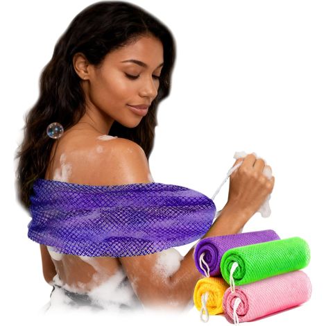 Lot de 4 éponges exfoliantes pour le corps – Éponge africaine authentique avec nœuds en fibre naturelle pour douche