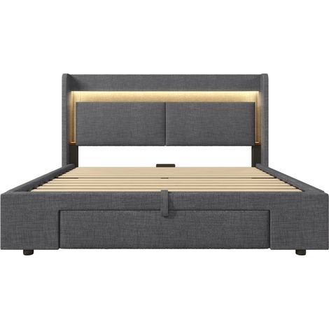 Lit coffre rembourré 140 x 200 cm gris avec tête de lit, LED, USB-C et matelas (1/5)