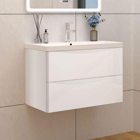Badmöbel Set 80cm Weiß Hochglanz Waschbecken mit Soft-Close Unterschrank Waschtisch (1/5)