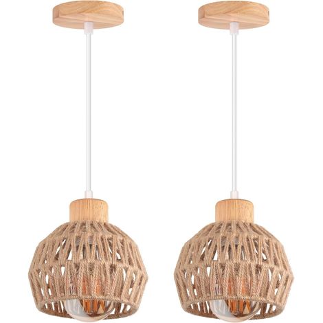 Lot de 2 Suspension Luminaire E27 Bois et Chanvre 16cm Style Vintage pour Salon Chambre Cuisine