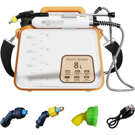 Pulvérisateur électrique rechargeable à piles de 8 L avec 3 buses de brumisation, pulvérisateur électrique rétractable avec bandoulière pour cour, pelouse et jardin (orange, 2000 mAh) (1/5)
