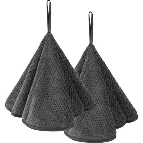 Lot de 2 Serviettes en Microfibre Douces et absorbantes pour Cuisine et Salle de Bain, Serviettes Rondes à Motif alvéolé avec Anneau de Suspension 50 x 50 cm, Gris foncé (1/5)