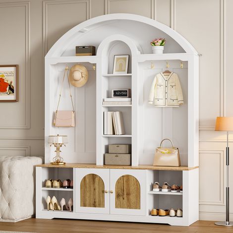 Armario recibidor de 150 x 40 x 195 cm, con puertas curvas, estantes, ganchos y zapatero, blanco (1/5)
