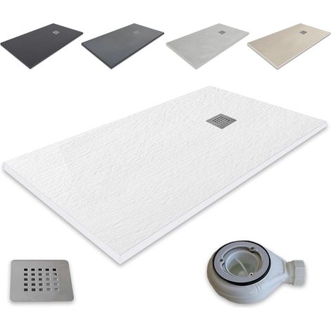 PLATO DE DUCHA RESINA EXTRAPLANO Outletaseo® - ANTIDESLIZANTE TEXTURA PIZARRA -【160x70 cm, BLANCO RAL-9003】- Incluye Válvula desagüe+Rejilla (1/4)