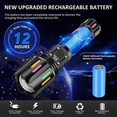 Lampe torche LED ultra-lumineuse, rechargeable, 500 000 lumens, puissante lampe torche tactique avec écran LCD numérique, 5 modes (1/5)