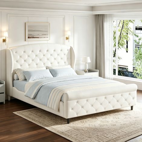 Lit double capitonné 140x200 cm - Lit rembourré avec Sommier à lattes et Tête de lit à ailes - lit 2 personnes - Velours - Beige (1/5)