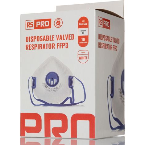Masque respiratoire jetable RS PRO FFP3, avec soupape, avec clip nasal réglable, Bleu, Blanc x 10 ( Prix pour Boîte de 10 )