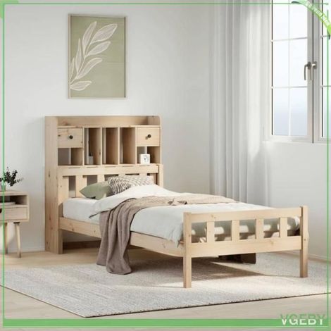 Lit bibliothèque - 3322158 - Bois de pin massif beige - 90x190 cm avec sommier à lattes - Tête de lit avec rangement et 2 tiroirs (1/5)
