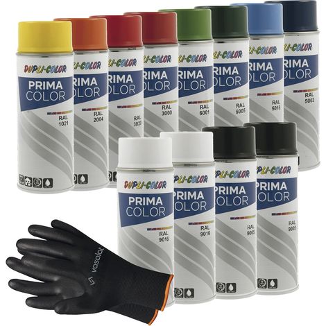 vasalat Dupli-Color Sprühlack Set Prima - 10 Farben - Farbspray blau/grün/weiß/schwarz/gelb/rot - Lackspray glänzend, 12 Spraydosen