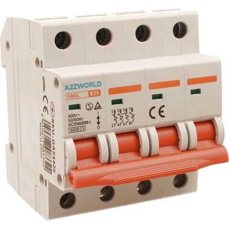 MCB Interruttore Magnetotermico Automatico Curva B 4P 4M 6000A AC 400V IP20 SB6L, Corrente Disponibili 10A 16A 20A 25A 32A 40A 50A 63A  (B25A)