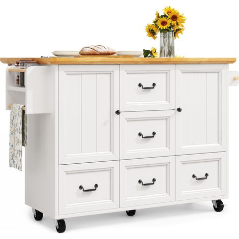 ELVMI Carrello da cucina con 2 ante, 5 cassetti, ripiani regolabili, ruote, portaasciugamani, 120 x 45 x 93 cm (1/5)