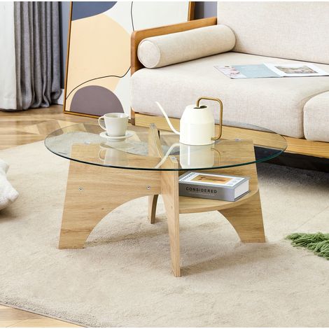 Table basse ronde 80x80x36 cm transparente, structure en MDF décor bois et verre, design MEUBLIV (1/5)