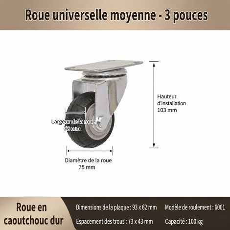 Roulette industrielle pivotante 3 pouces 75mm en caoutchouc silencieuse platine acier galvanisé 530 g 3 32 530 noir 7,5 × 3,2 × 10,3 cm 530 g – Livraison gratuite