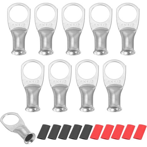 10Pcs 6 AWG M12 Bornes De Batterie À Oeil, 1/2" 12mm Connecteur De Câble À Serrage En Cuivre, 2:1 Gainage Thermorétractable, Argent (1/5)