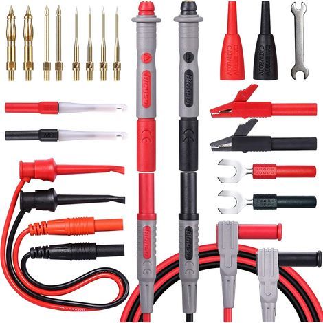25-teiliges Multimeter-Leitungsset, professionelles und verbessertes Messleitungsset mit austauschbaren vergoldeten Multimeter-Sonden, Krokodilklemmen, Messhaken und rückseitigen Messspitzen. (1/5)