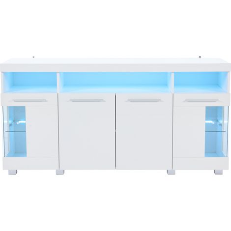Sideboard (140x40x70 cm), mit LED Licht, Hochglanz Türen, Hartglas, MDF und Spanplatte, Weiß (1/5)