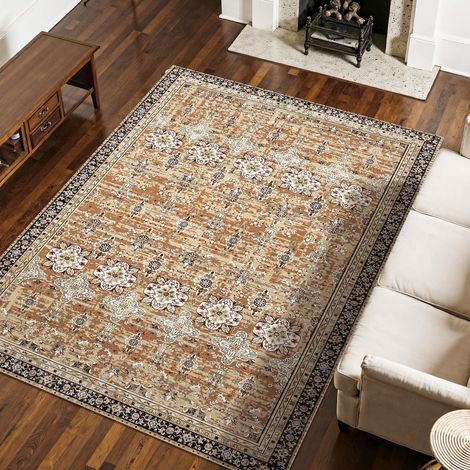 Tapis Salon, 2,3 x 2,9 m, Grand Tapis Chambre Lavable Antidérapant, Poils Courts Denses, Résistant aux Griffures Animaux, Doux et Confortable, Style Vintage, pour Bureau, Entrée, Marron et Vert (1/5)