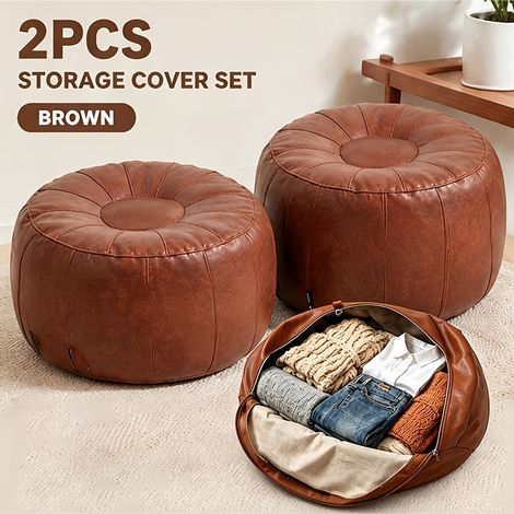 Ensemble de 2 housses de pouf ottoman non garnies, marron : Simili cuir imperméable adapté aux animaux, dimensions 40x30 cm, manche de siège au sol non garnie (1/5)