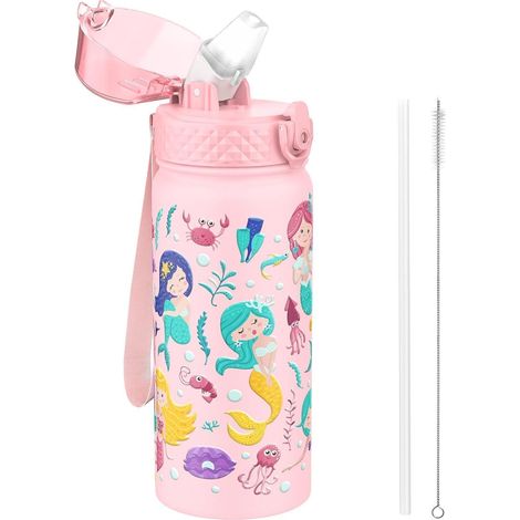 Kinder Trinkflasche 550ml Edelstahl mit Strohhalm, auslaufsicher, BPA-frei, Rosa Meerjungfrau (1/5)