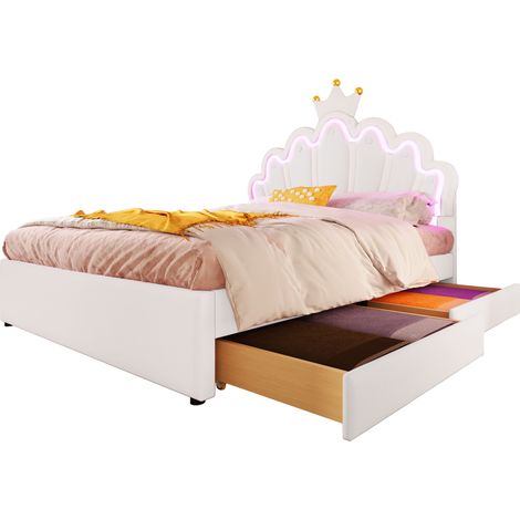 Lit rembourré PU blanc 140x200 cm avec LED multicolore télécommandée, 2 tiroirs et tête de lit réglable (1/5)