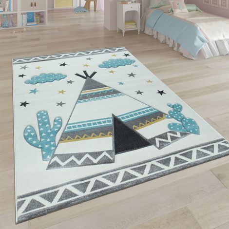 Paco Home Kinder-Teppich, Kinderzimmer Pastell Farben, Indianer-Zelt Motiv 3-D, in Cream Grau 133 cm Quadrat