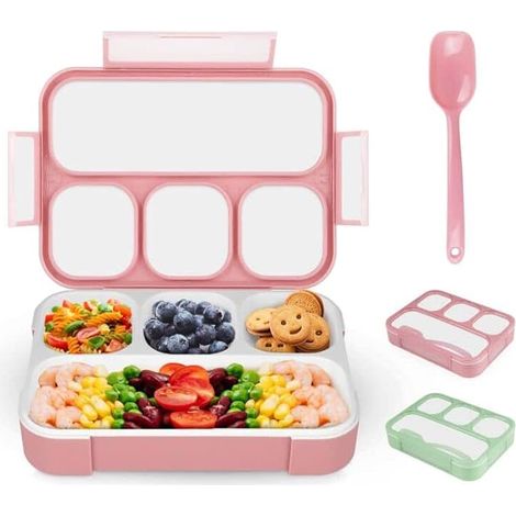 Boîte à bento pour enfants, boîte à lunch étanche à 4 compartiments, jolie boîte à goûter pour adultes et enfants avec couverts, contenants à lunch sans BPA, boîte à bento pour micro-ondes (rose) (1/5)