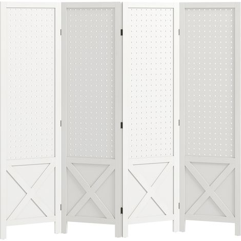 Paravent en bois blanc 4 sections séparateur pliable de pièce panneaux ajourés 152 x 1,7 x 144,5 cm (1/5)