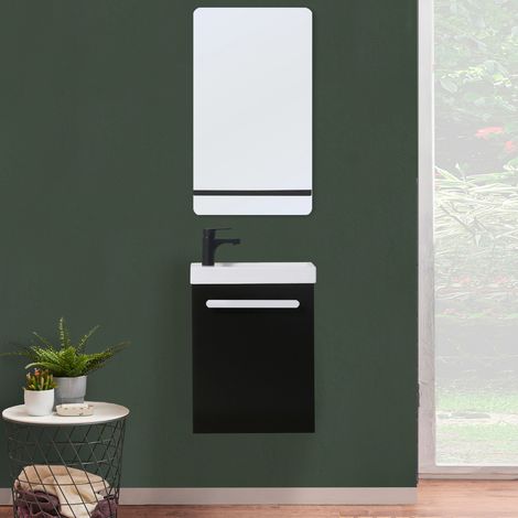 Mueble lavabo NEVADA Carbón negro + grifo negro + espejo con repisa negra