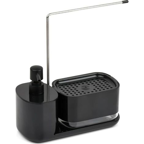 Dispenser per detersivo per piatti con porta spugna, porta spugna per lavello da cucina, organizer per lavello nero con contenitore per detersivo per piatti, porta spugna, porta strofinacci (1/4)