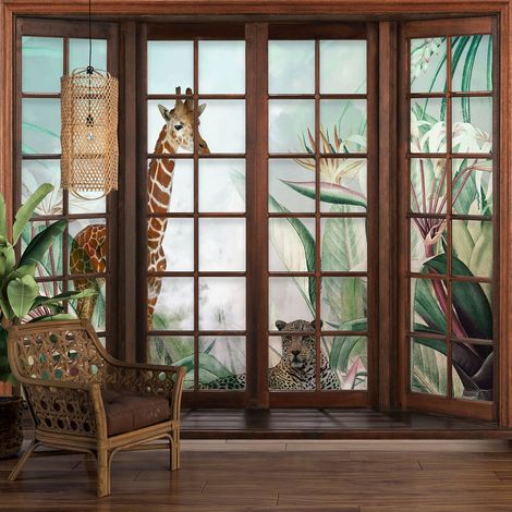 Papier peint panoramique Trompe l'oeil Fenêtre en bois Enfants - Animaux de la Jungle - 130 cm x 104 cm (1/5)