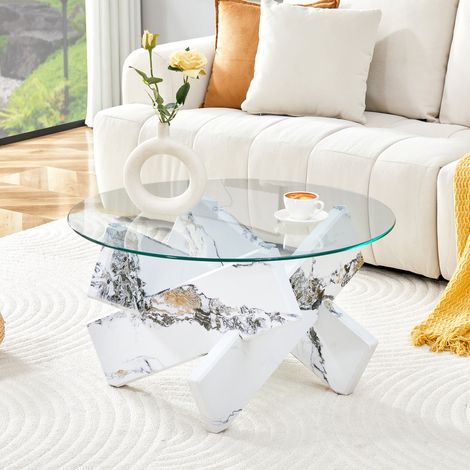 Tavolino rotondo 79x79x45 cm con piano in vetro e gambe in MDF, bianco (1/5)