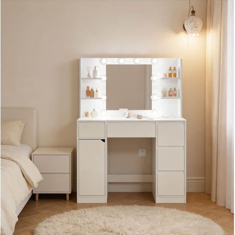 Tocador in legno E1 e vetro bianco con specchio LED, 5 cassetti, scaffali aperti e presa (1/5)