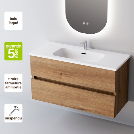 Meuble de salle de bain plan vasque Solide Surface, 2 Tiroirs,l100xh54xp45, Chêne Naturel, ANCONA