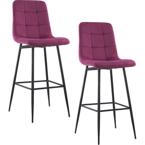 Lot 2 tabourets velours VELVETTE, structure noire, dossier et repose-pieds Couleur: Bordeaux (1/5)