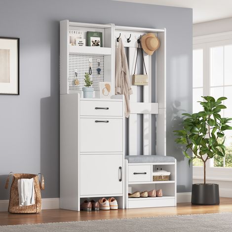 Garderobenmöbel mit Kleiderhaken, Bank und Klapp-Schuhschrank, 110x35x175,5 cm, Weiß OKMYHOME (1/5)