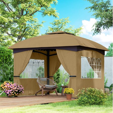 Pavillon de jardin 335x335x285 cm beige en polyester avec double toit et 4 panneaux latéraux (1/5)