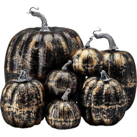 Lot de 7 citrouilles artificielles en mousse, peinture brillante, légères, créatives et réutilisables, pour décoration, noir et or. (1/5)