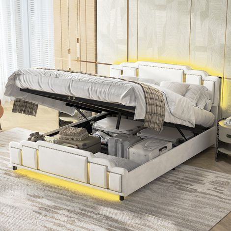 Lit coffre adulte 160x200 cm LED, tête de lit rembourrée, sommier à lattes, velours beige