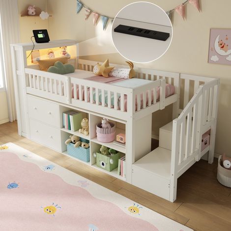 Cama semialta 90 x 200 cm con almacenaje, armario-escalera, LED, USB/USB-C, pino y MDF blanco (1/5)