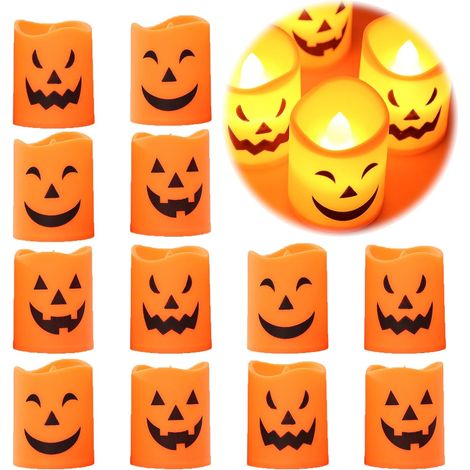 12 Bougies Pilier LED Halloween Sans Flamme, Expressions Effrayantes, Lumière Blanc Chaud, Décoration de Table et Jardin (1/5)