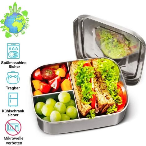 Boîte à lunch en acier inoxydable, boîte bento en acier inoxydable, boîte à lunch de 1000 ml avec séparateur et 3 compartiments, compatible lave-vaisselle, idéale pour les collations saines (1/5)