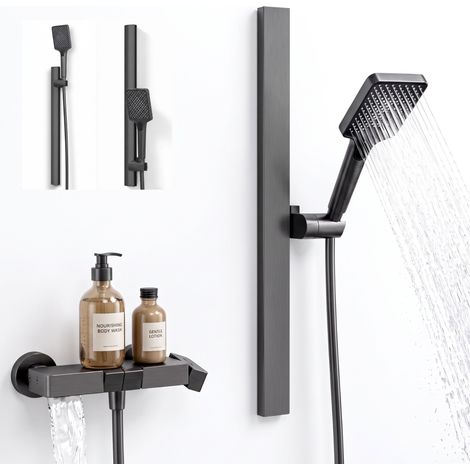 Mai & Mai Robinet de Douche Mural Mitigeur Pommeau de Douche Gris Ensemble de Douche Réglable en Hauteur 3 Modes de Jets Arvexa-02
