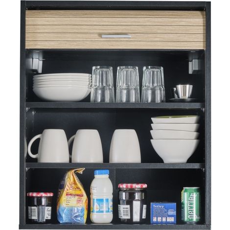 Beaux Meubles Pas Chers – Meuble haut de cuisine noir avec rideau blanc – 2 étagères réglables – Dimensions L 60 x H 72 x P 35 cm – Éco-conçu, fabriqué en France (1/4)