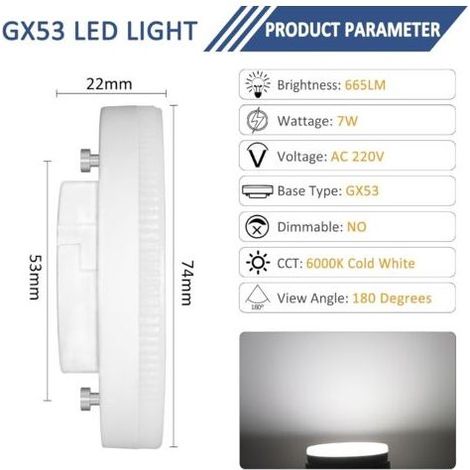 GX53 LED-Lampe, 7 W, Kaltweiß (6000 K), nicht dimmbar, entspricht 50 W Halogenlampe, GX53 LED-Spotlampe für Schränke und Vitrinen, 180° Abstrahlwinkel, 220 V Wechselstrom, 665 lm, 4er-Pack (1/5)