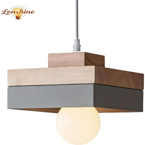 LONSHINE Moderne quadratische Pendelleuchte mit grauem Holz- und Metallschirm, E27-Glühbirne, Kronleuchter für Schlafzimmer oder Wohnzimmer (1/5)