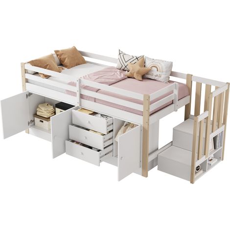 Lit mezzanine enfant 90x200 avec escalier, 2 armoires, tiroirs et barre de rangement, blanc, sans matelas, gain de place pour chambre d'enfant CHICFURN (1/5)