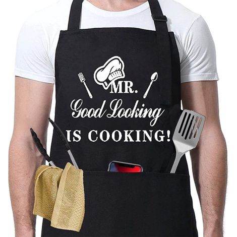 Tablier noir ajustable pour homme (1 pièce) - Tablier de cuisine professionnel en coton, motif barbecue humoristique - Cadeau idéal pour la Saint-Valentin, noir. (1/3)