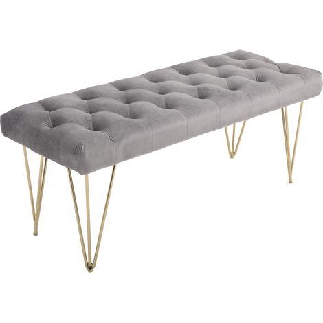 Banc capitonné velours gris métal 116 x 44,5 x 49 cm