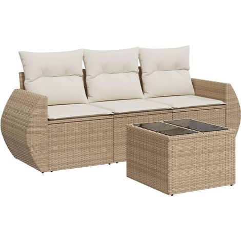 Salon de jardin avec coussins 4 pcs beige résine tressée (1/3)