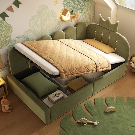 Letto contenitore per bambini 90x200 - Daybed 90x200 cm con contenitore idraulico, schienale a corona e rete reversibile, velluto verde